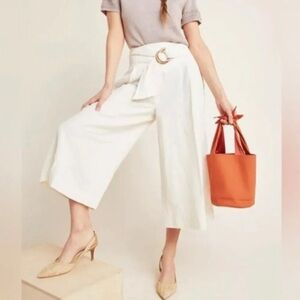 Anthropologie Cream with Brown Pinstripes Palm Beach Belted Pants Size 4